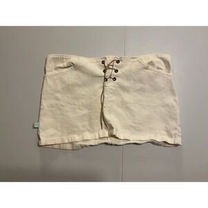 VTG Y2K Split Lace Up Denim Micro Skirt Cream Off White Skater Sz 7 Sexy Grunge